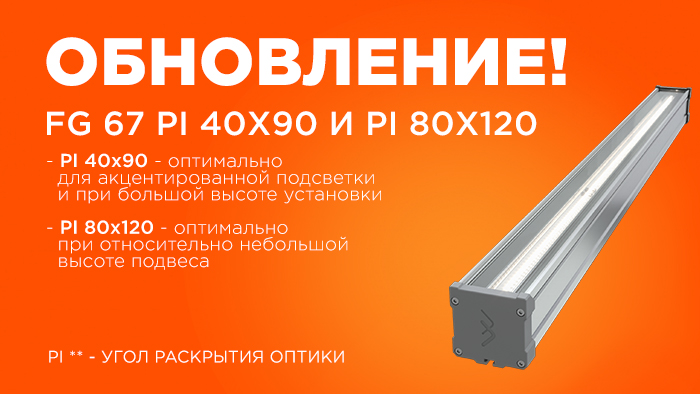 Обновление серии линейных промышленных светильников FG 67 с углом раскрытия оптики PI 40x90 и PI 80x120